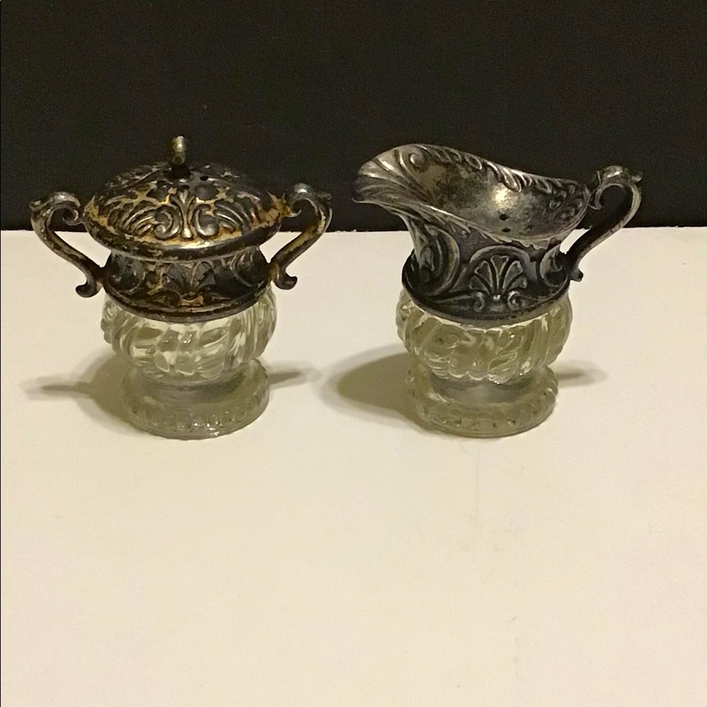 Antique 1800s silver&Glass salt and pepper shakers